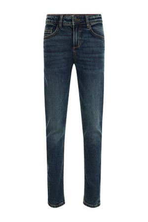 tapered fit jeans met slijtage blue denim