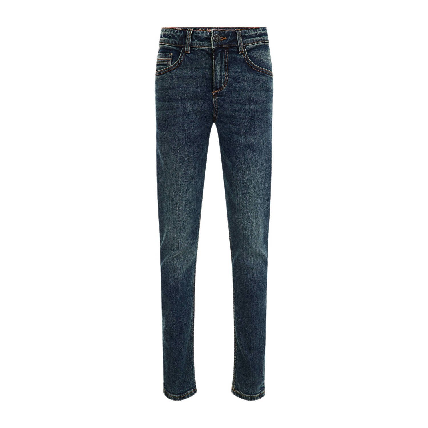 WE Fashion Blue Ridge tapered fit jeans met slijtage blue denim Blauw Jongens Stretchdenim 104