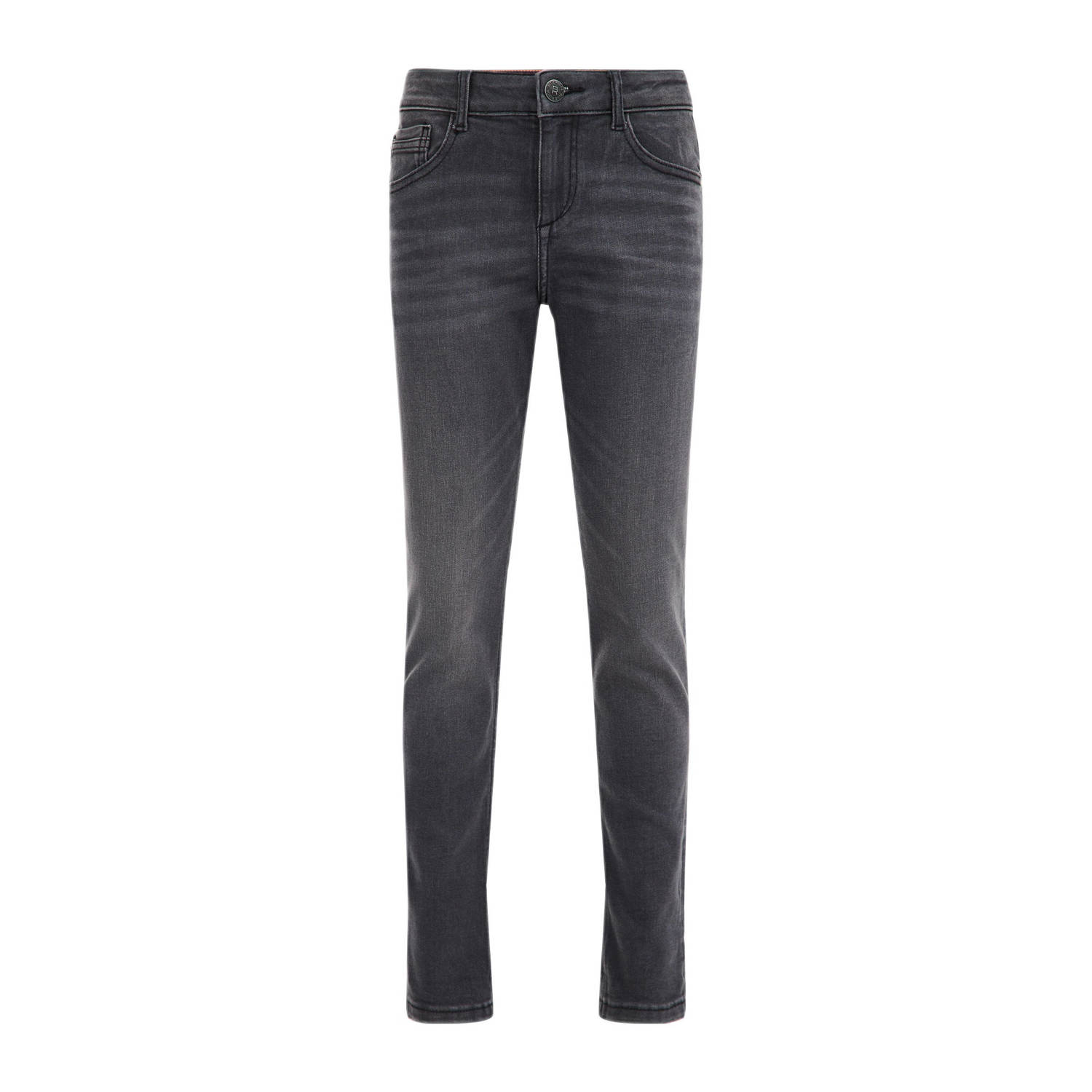 WE Fashion Blue Ridge tapered fit jeans met slijtage black faded Zwart Jongens Stretchdenim 122