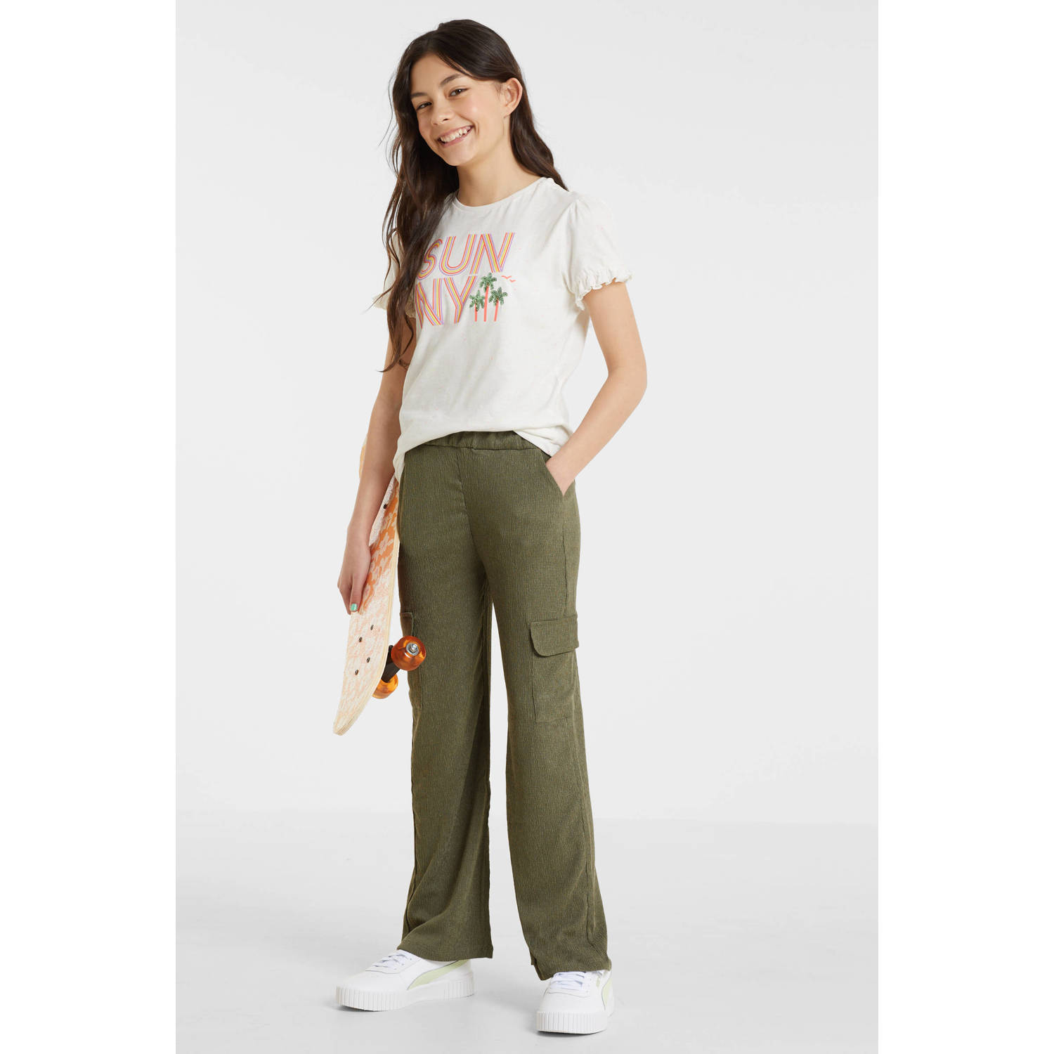 Anytime crinkle cargo broek khaki Groen Meisjes Polyester Effen 110 116