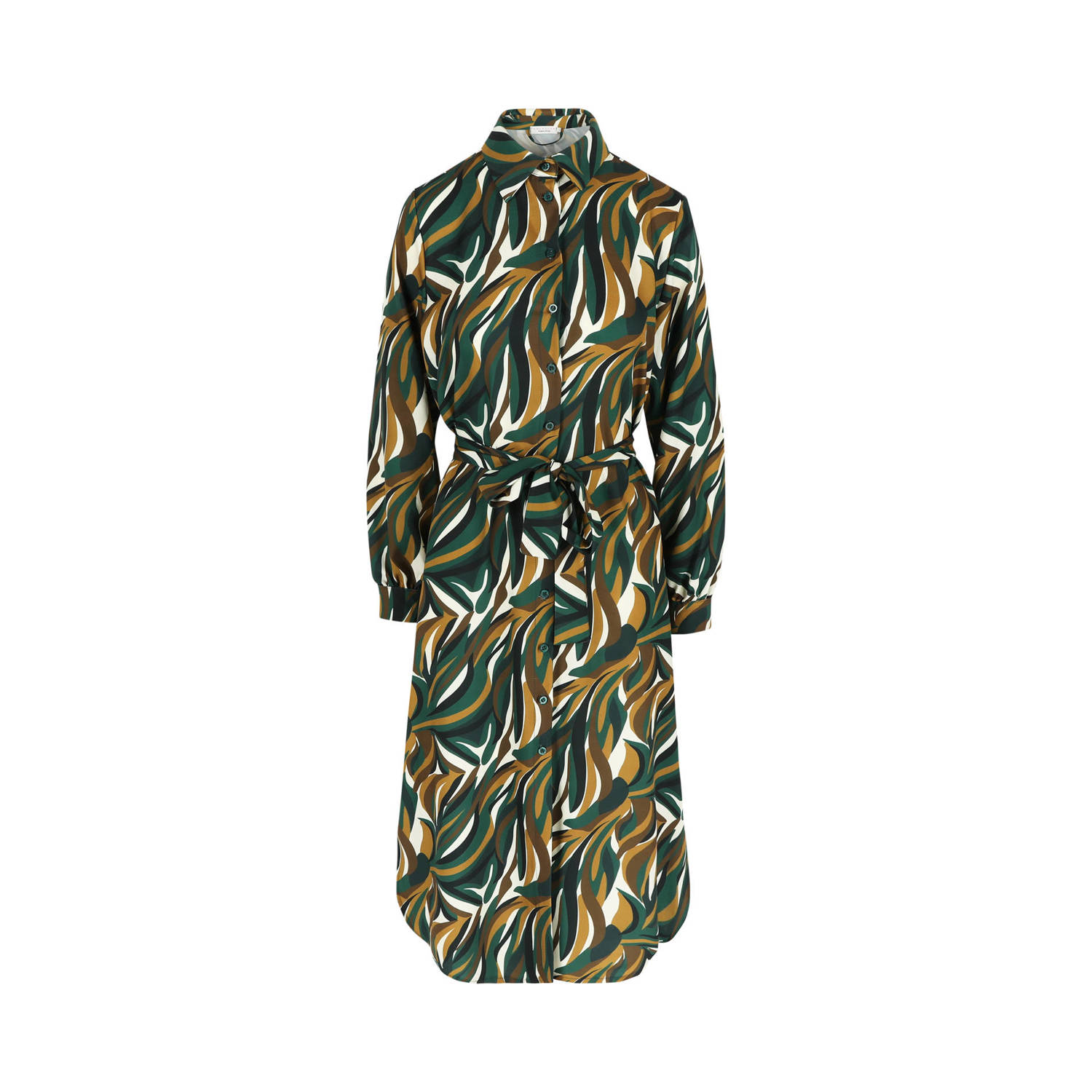 LOLALIZA blousejurk met grafische print en ceintuur groen bruin wit