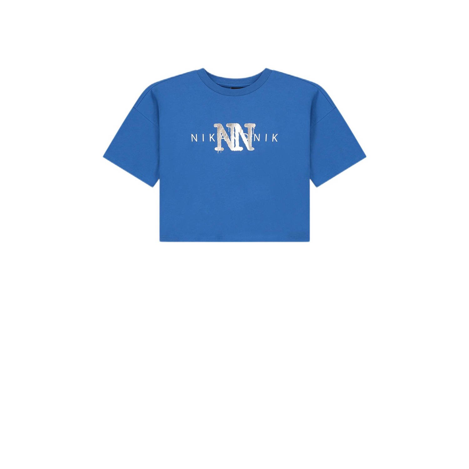 NIK&NIK T-shirt Spray met logo helderblauw Meisjes Katoen Ronde hals Logo 140