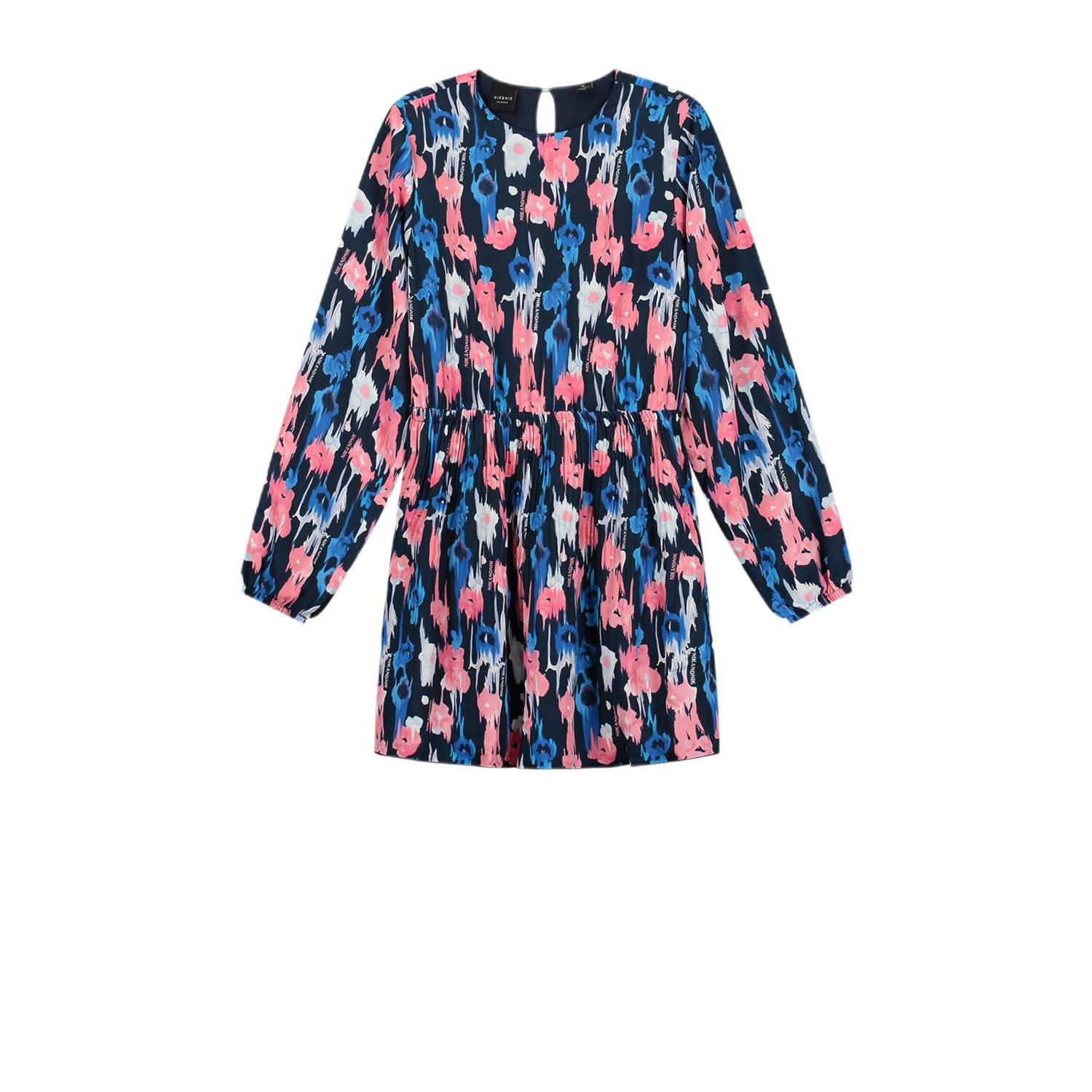 NIK&NIK gebloemde jurk Kenley blauw roze wit Meisjes Gerecycled polyester Ronde hals 140