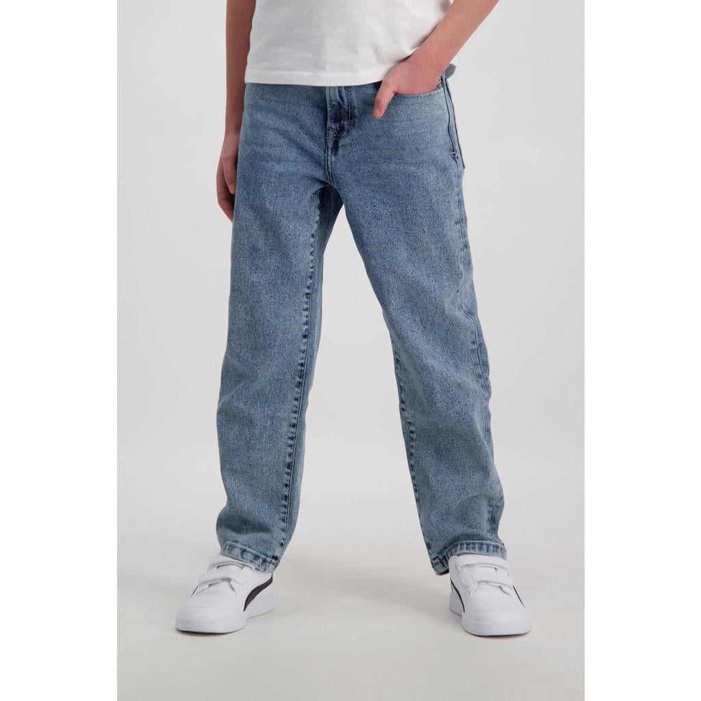 Stonewashed jongens Cars wide leg jeans van denim met rits- en knoopsluiting en effen
