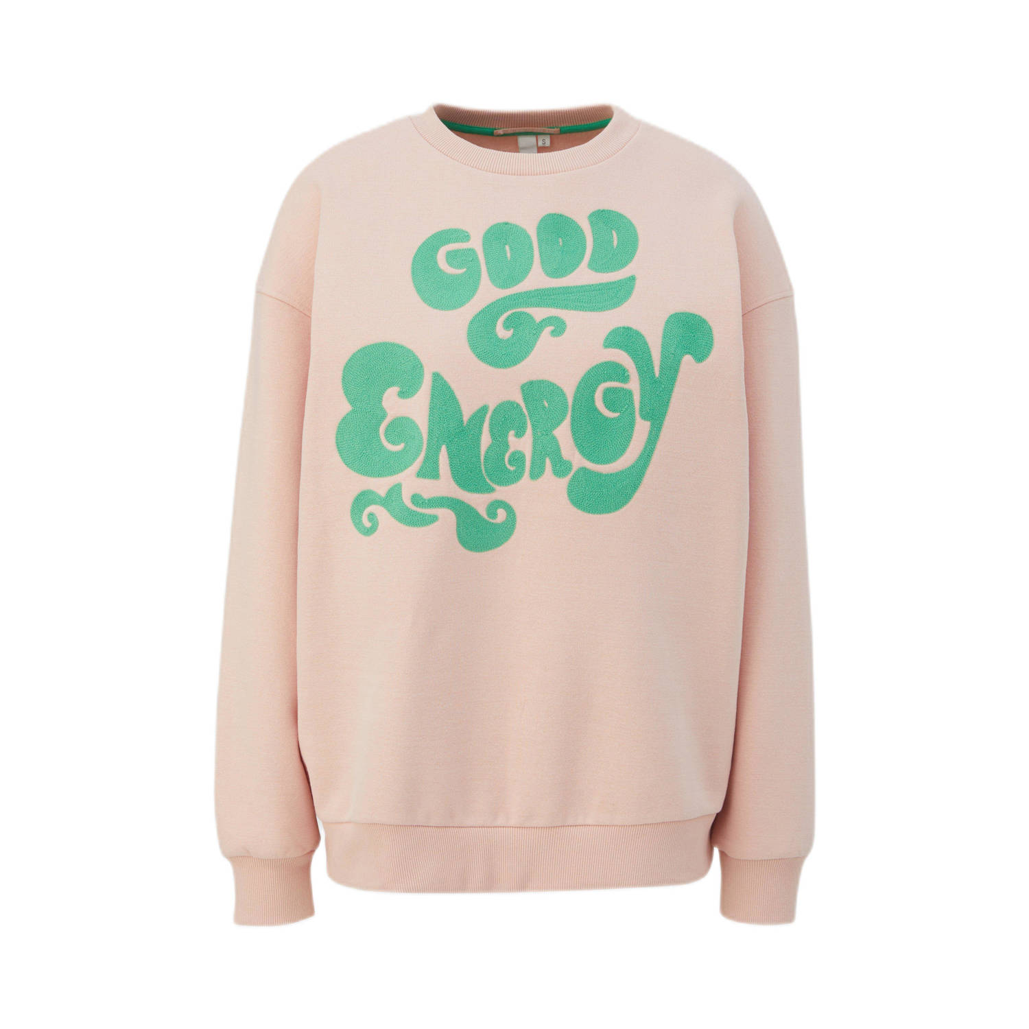 Q S by s.Oliver sweater met tekst en borduursels zalmroze lichtgroen