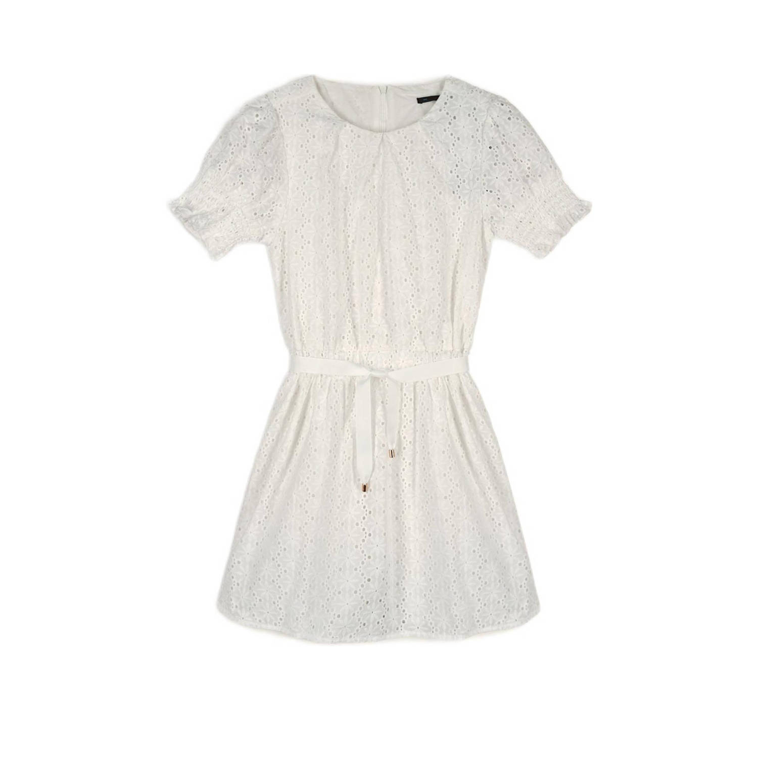 NONO jurk Mirabel met textuur wit Meisjes Katoen Ronde hals Effen 122 128