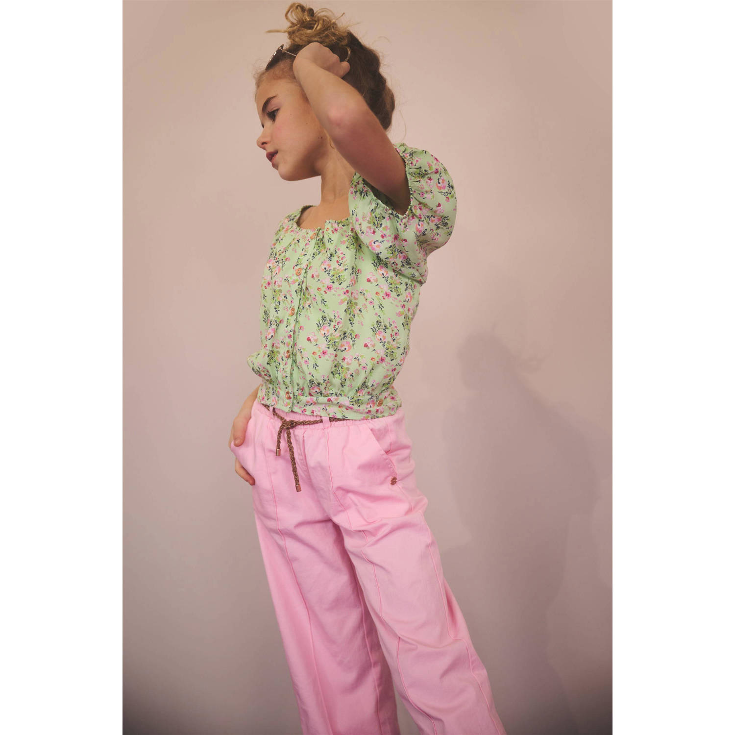 NONO gebloemde crop top Tomas lichtgroen roze Meisjes Polyester Ronde hals 122 128