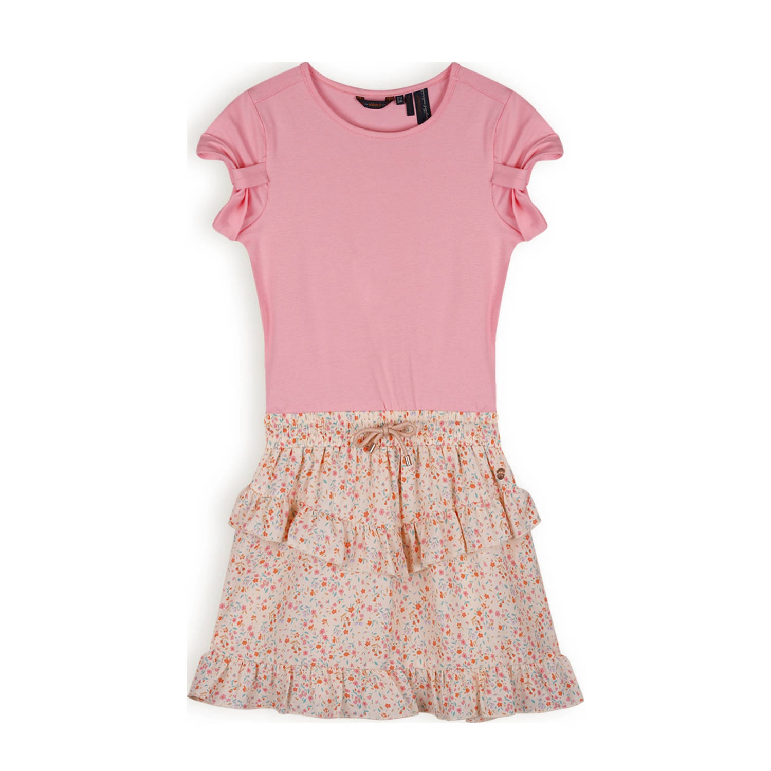 NONO gebloemde jurk Milas roze ecru lichtblauw Meisjes Gerecycled polyester Ronde hals 104