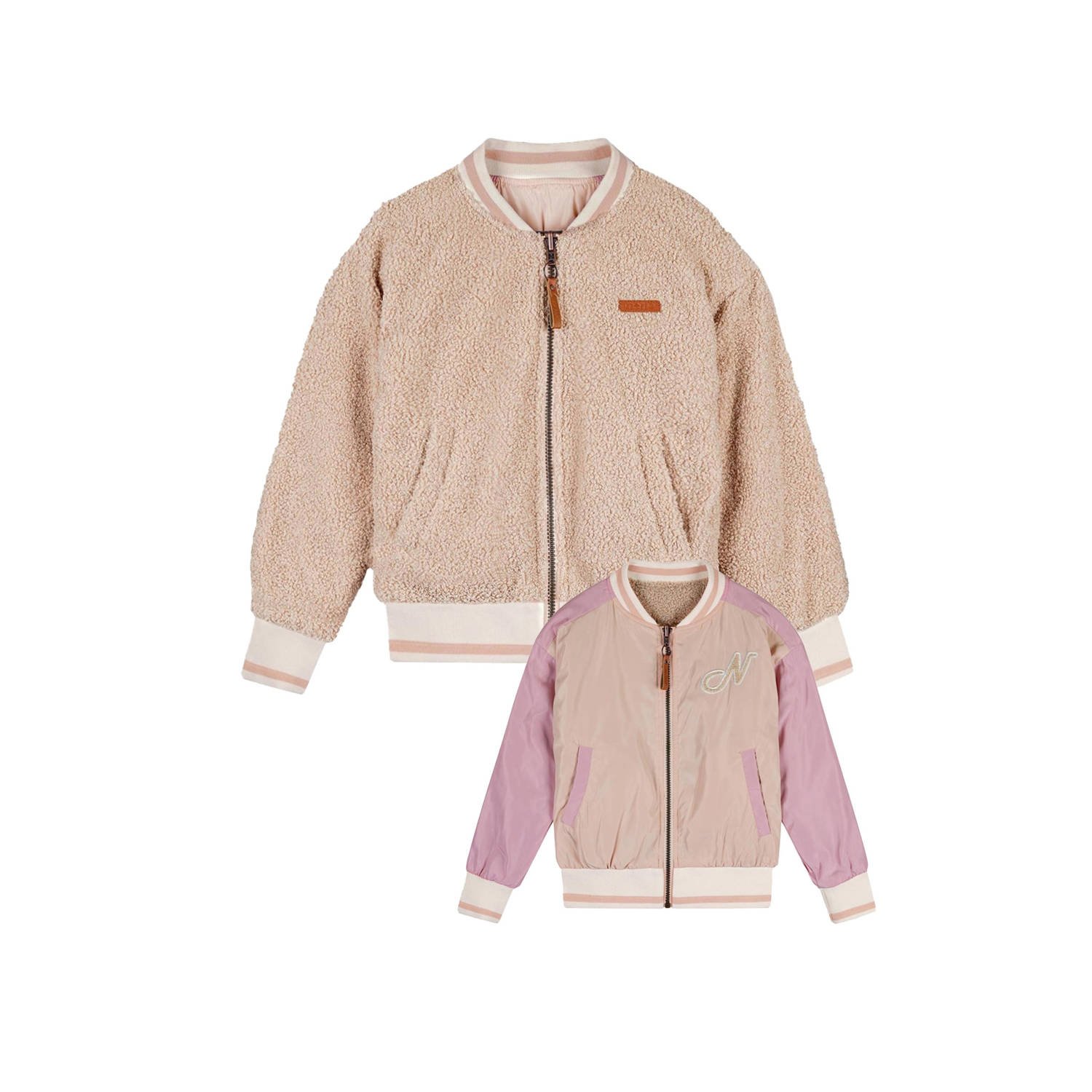 NONO reversible bomberjack zomer Bomber zand roze Jas Beige Meisjes Gerecycled polyester Opstaande kraag 122 128