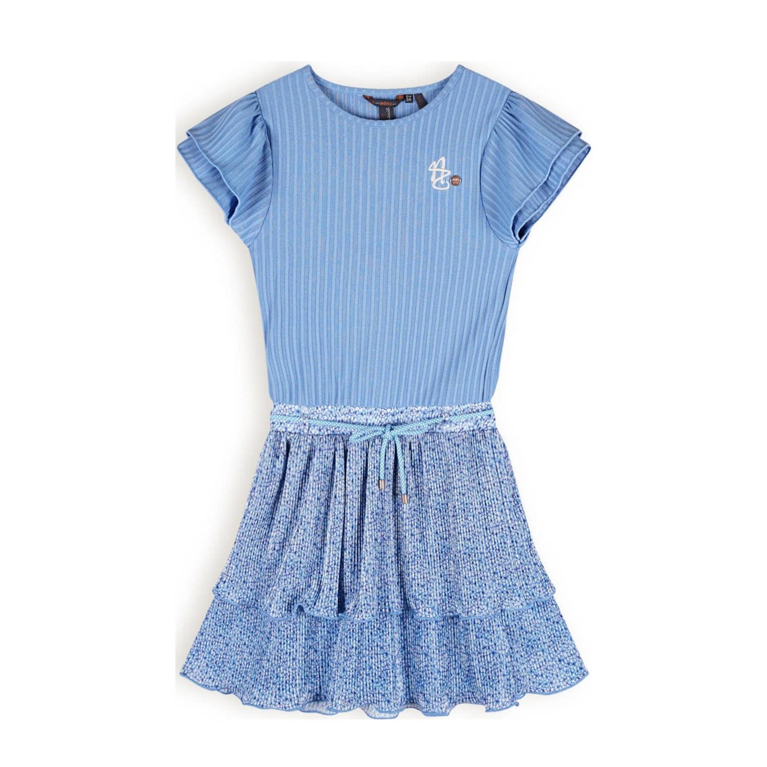 NONO jurk Morly met all over print hemelsblauw Meisjes Gerecycled polyester Ronde hals 134 140