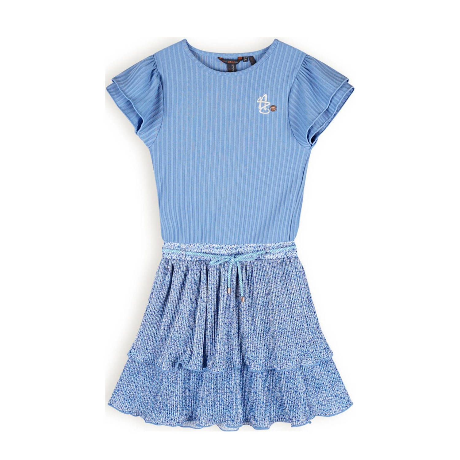 NONO jurk Morly met all over print hemelsblauw Meisjes Gerecycled polyester Ronde hals 122 128