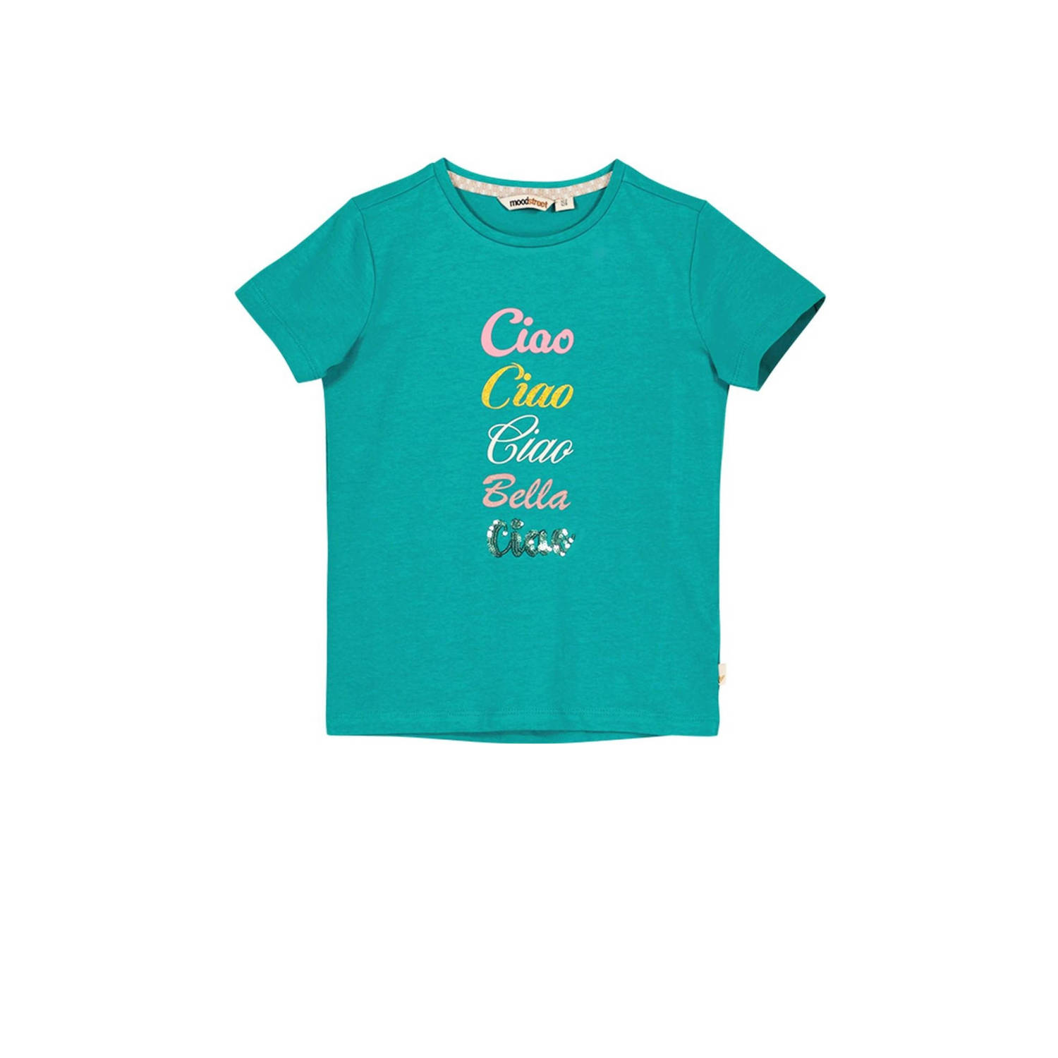 Moodstreet T-shirt met tekst turquoise Blauw Meisjes Stretchkatoen Ronde hals 110 116