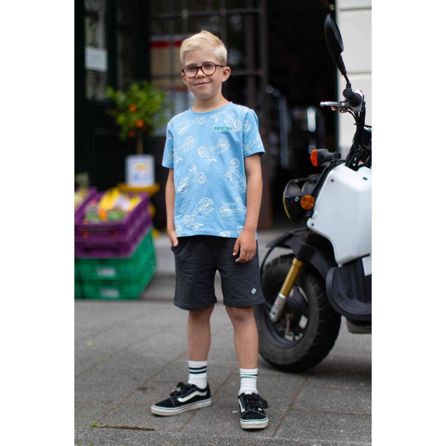Moodstreet T-shirt met all over print lichtblauw offwhite