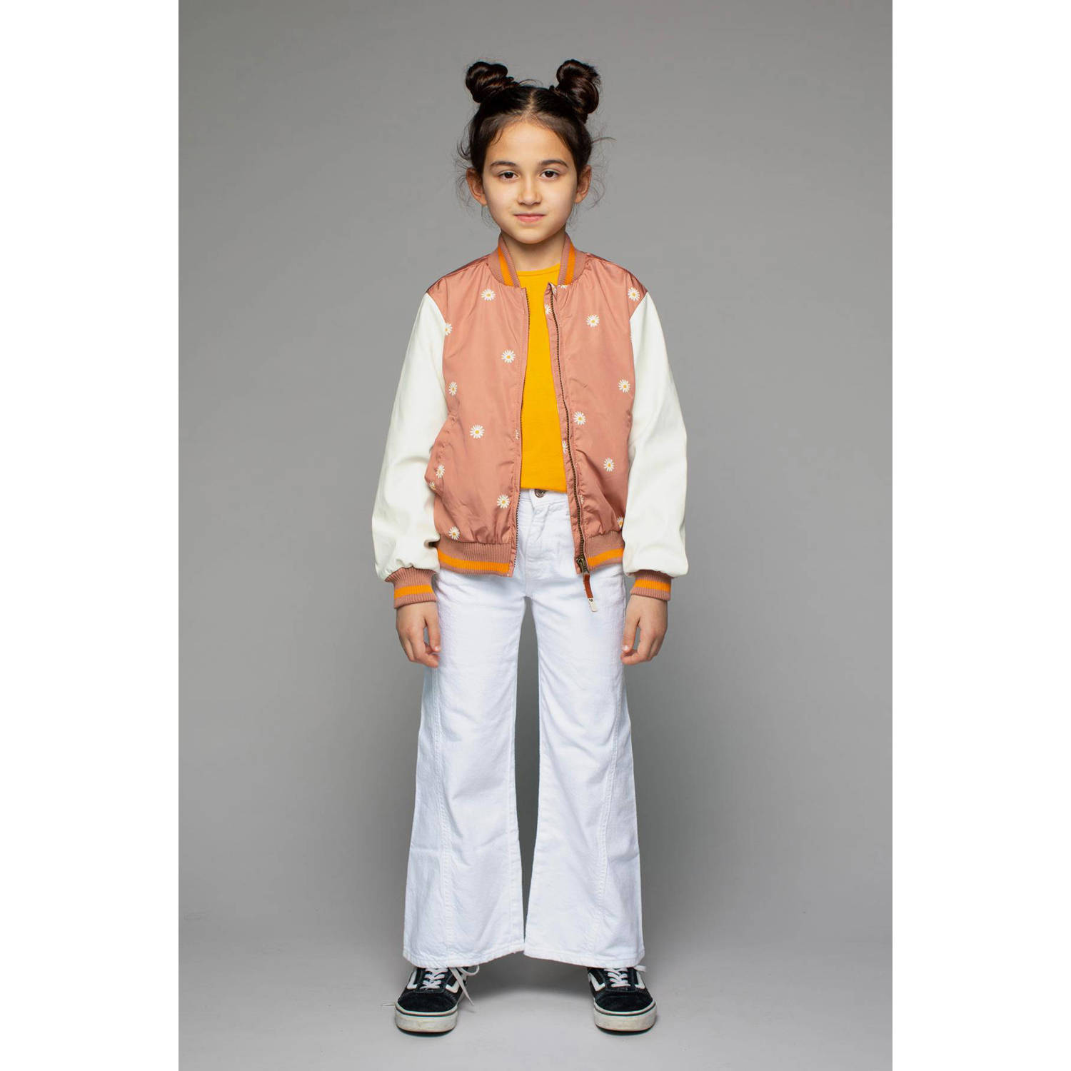 Moodstreet gebloemde baseball jacket lichtbruin offwhite Jas Meisjes Polyester Opstaande kraag 134 140