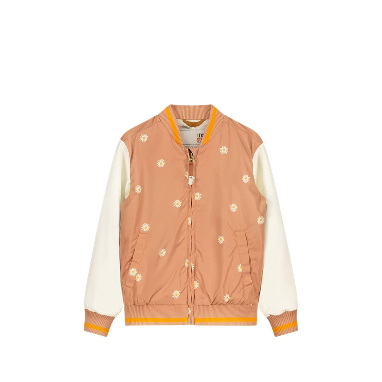 Moodstreet gebloemde baseball jacket lichtbruin offwhite Jas Meisjes Gerecycled polyester Opstaande kraag 110 116