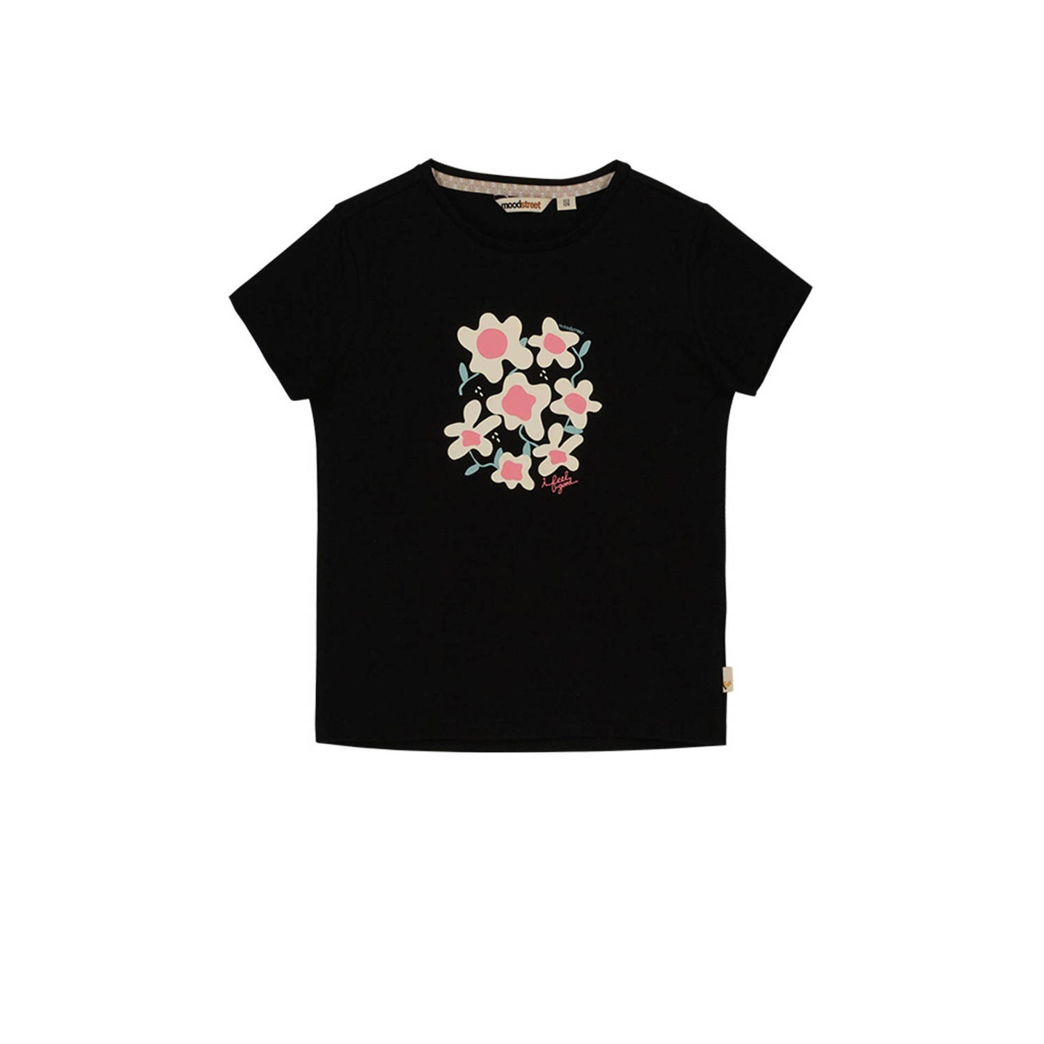 Moodstreet T-shirt met printopdruk zwart roze Meisjes Stretchkatoen Ronde hals 110 116