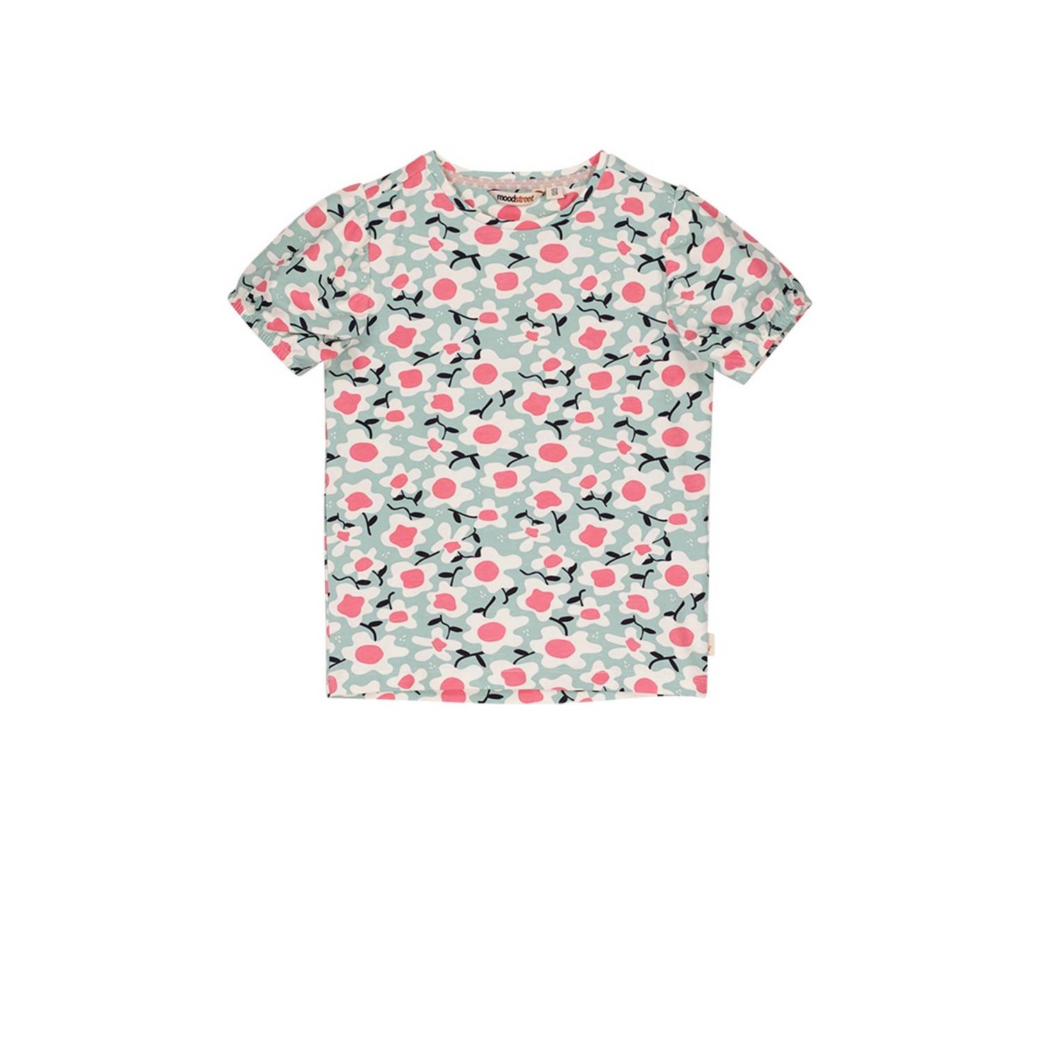 Moodstreet gebloemd T-shirt mintgroen roze offwhite Meisjes Stretchkatoen Ronde hals 110 116