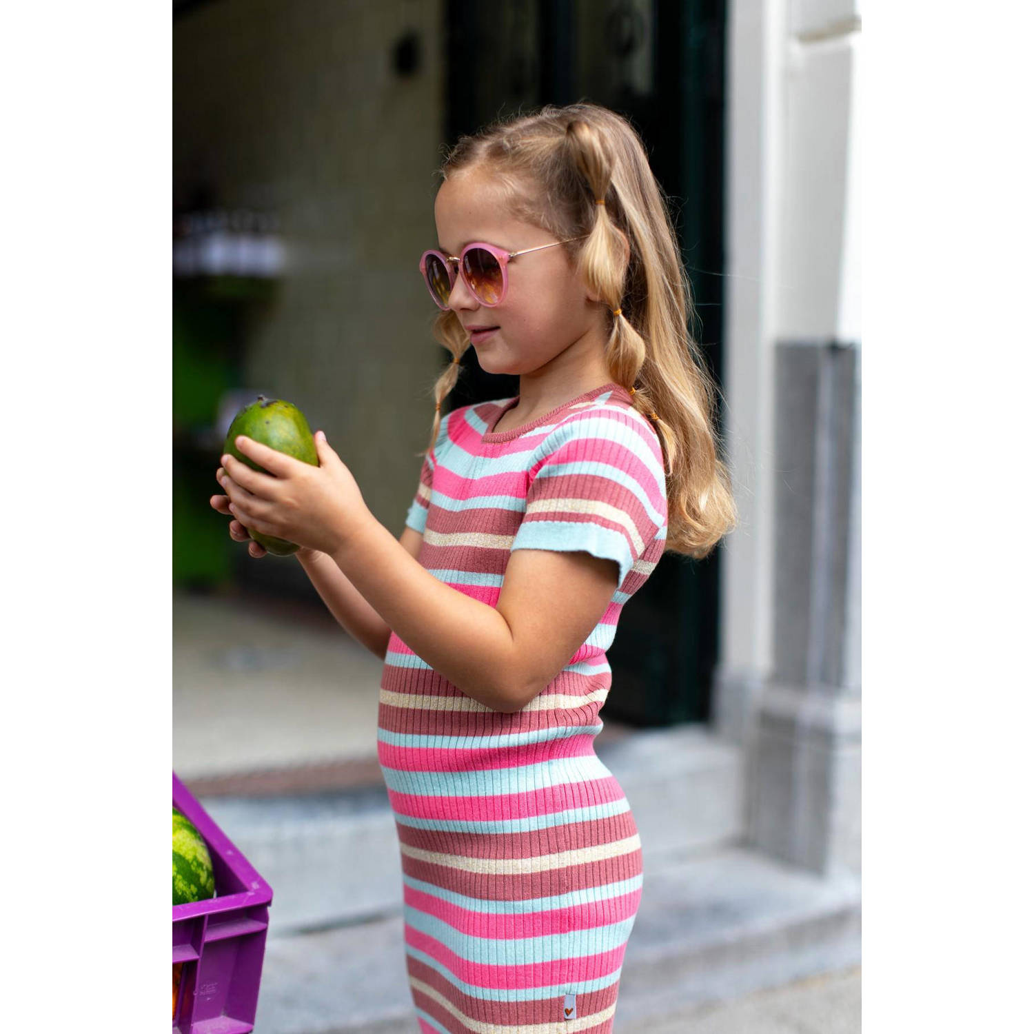 Moodstreet gestreepte jurk lichtblauw roze