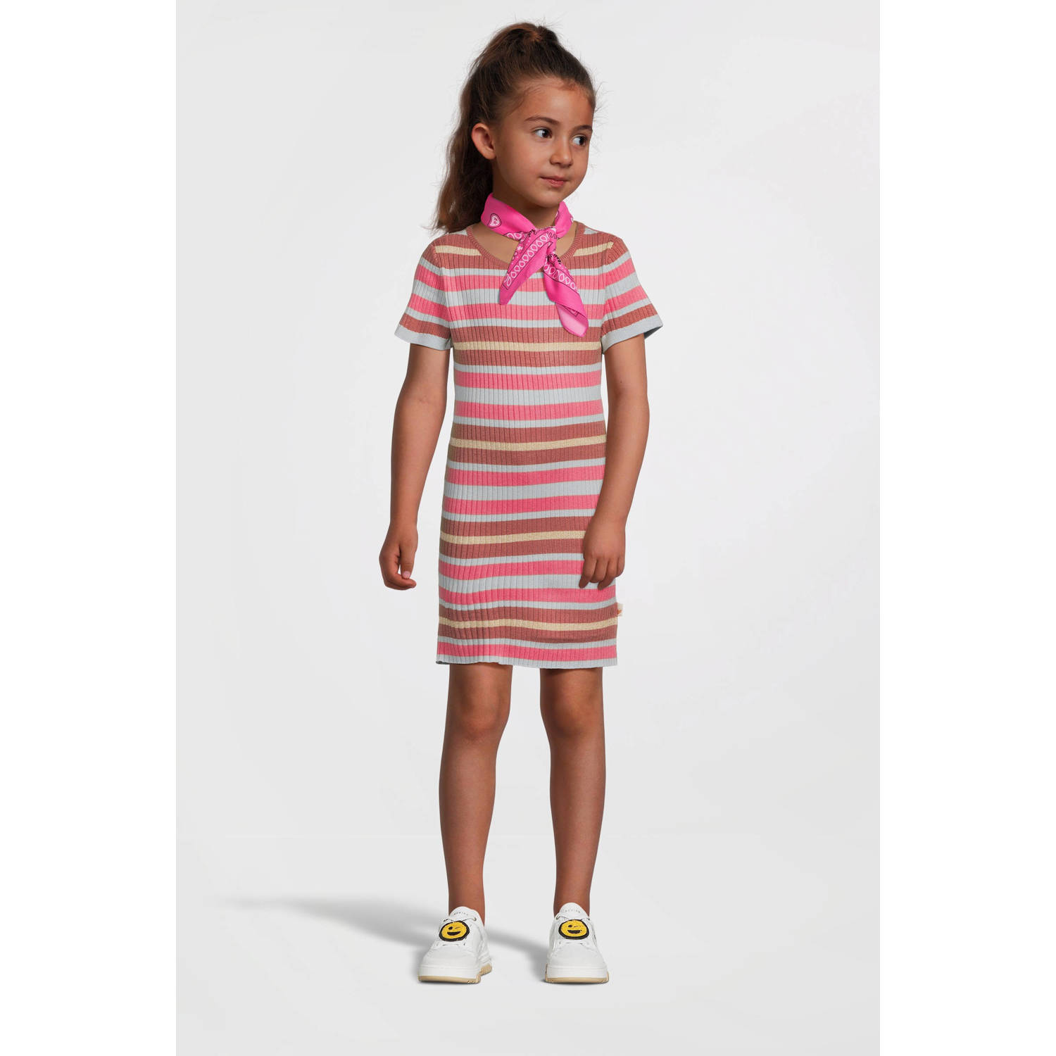 Moodstreet gestreepte jurk lichtblauw roze Meisjes Polyester Ronde hals 110 116