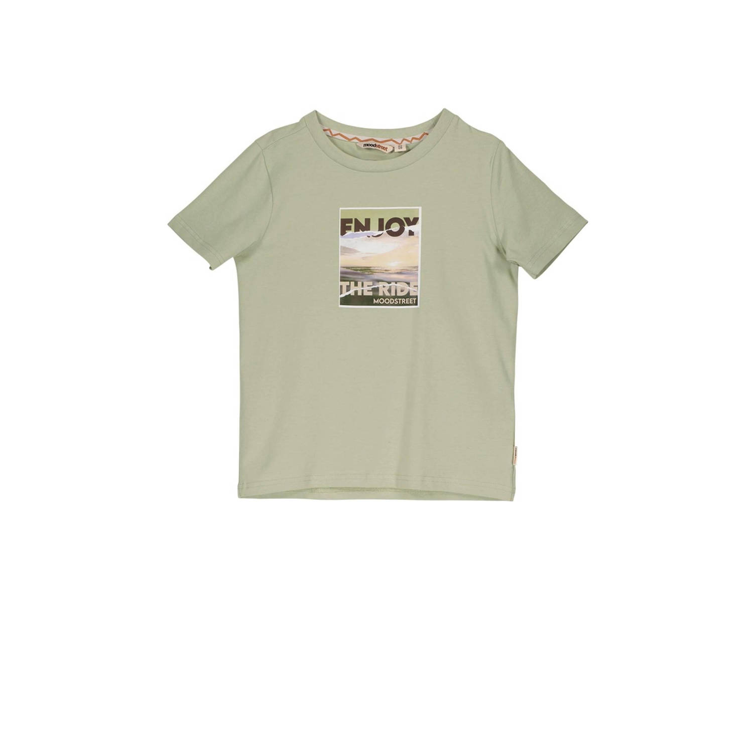 Moodstreet T-shirt met printopdruk lichtgroen Jongens Katoen Ronde hals 110 116