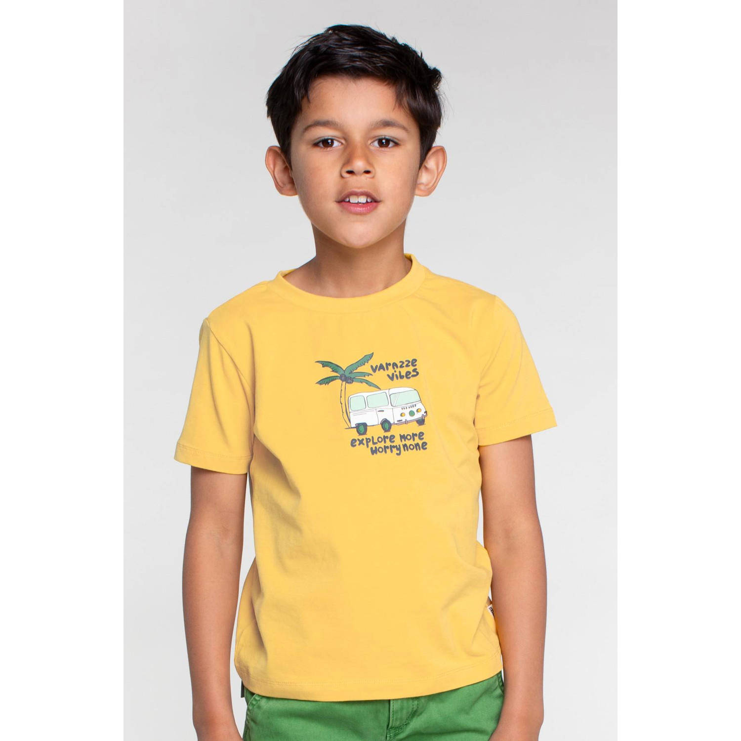Moodstreet T-shirt met printopdruk zonnig geel Jongens Katoen Ronde hals 122 128