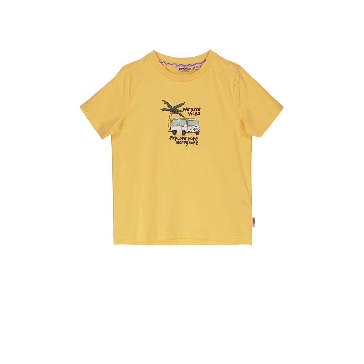Moodstreet T-shirt met printopdruk zonnig geel Jongens Katoen Ronde hals 110 116