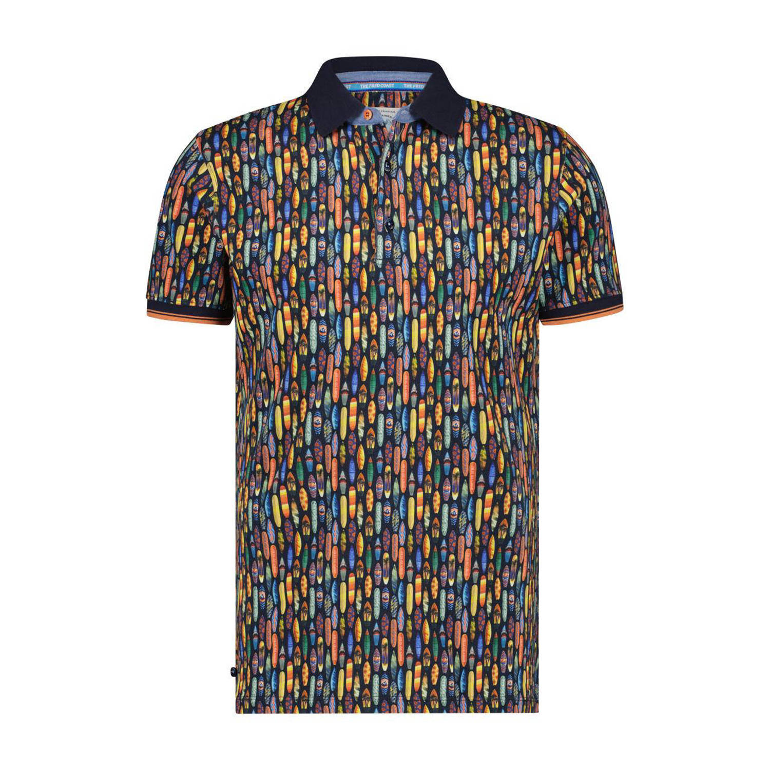 A fish named Fred polo met all over print navy