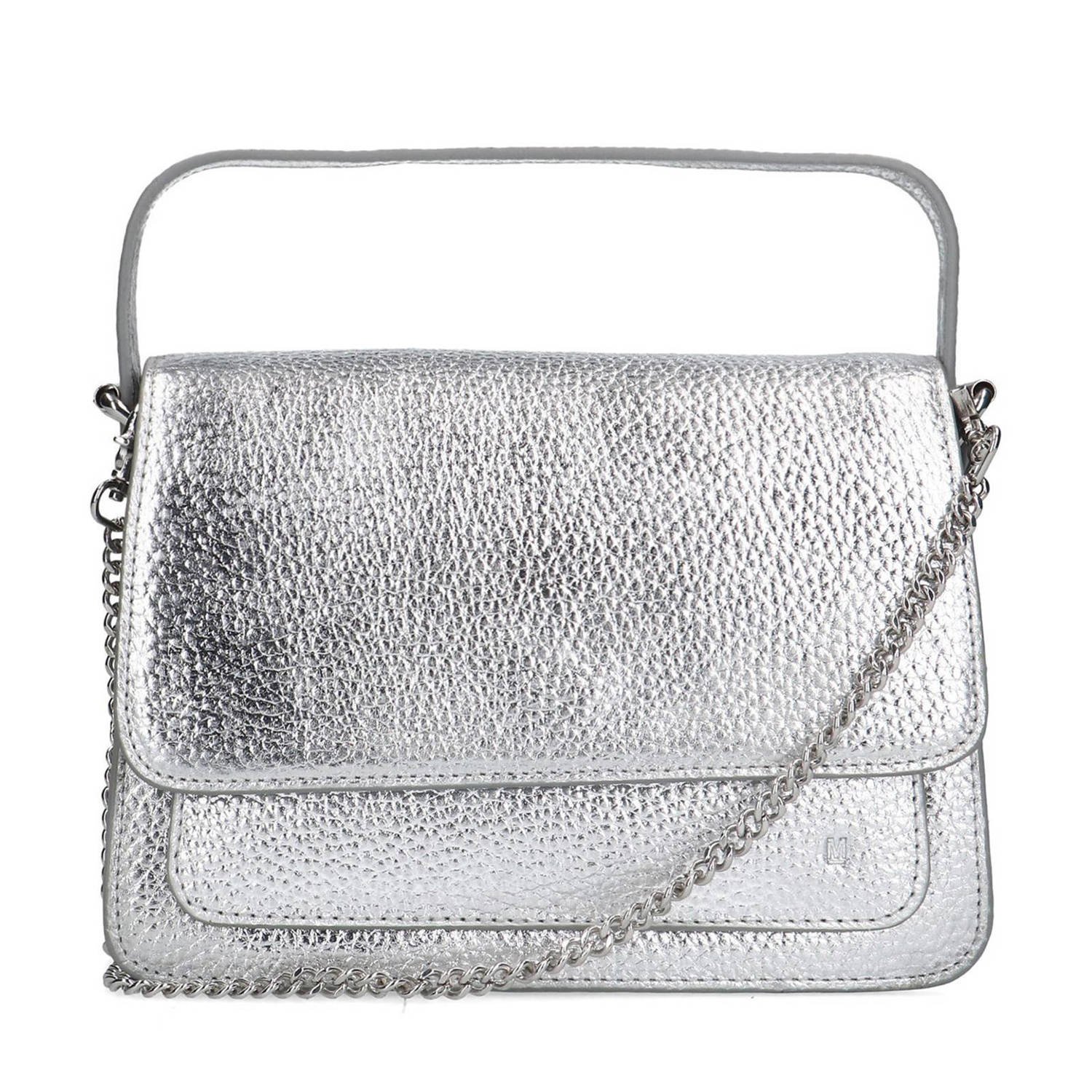 Manfield metallic leren crossbody tas zilverkleurig