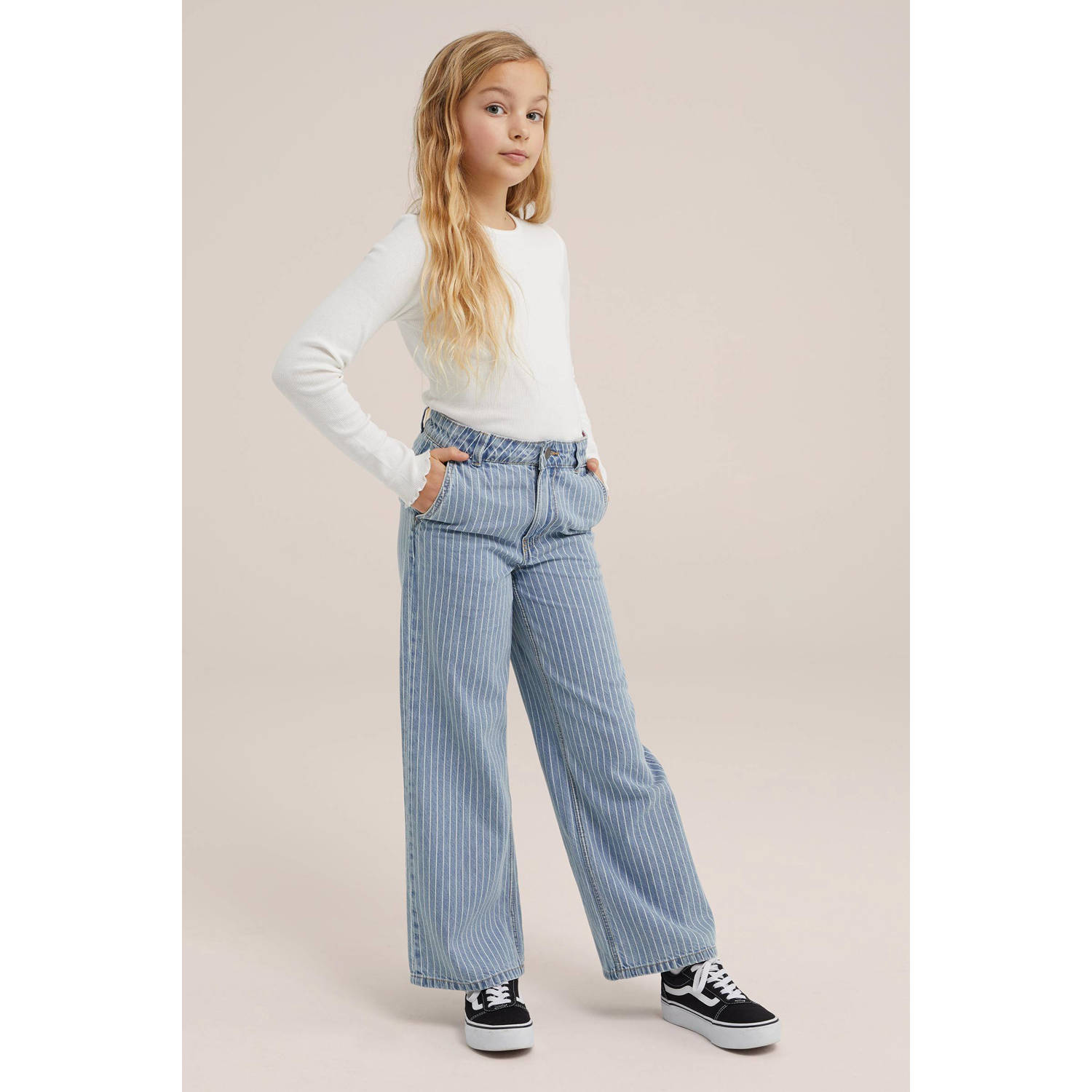 WE Fashion Blue Ridge high waist wide leg jeans met krijtstreep bleached denim