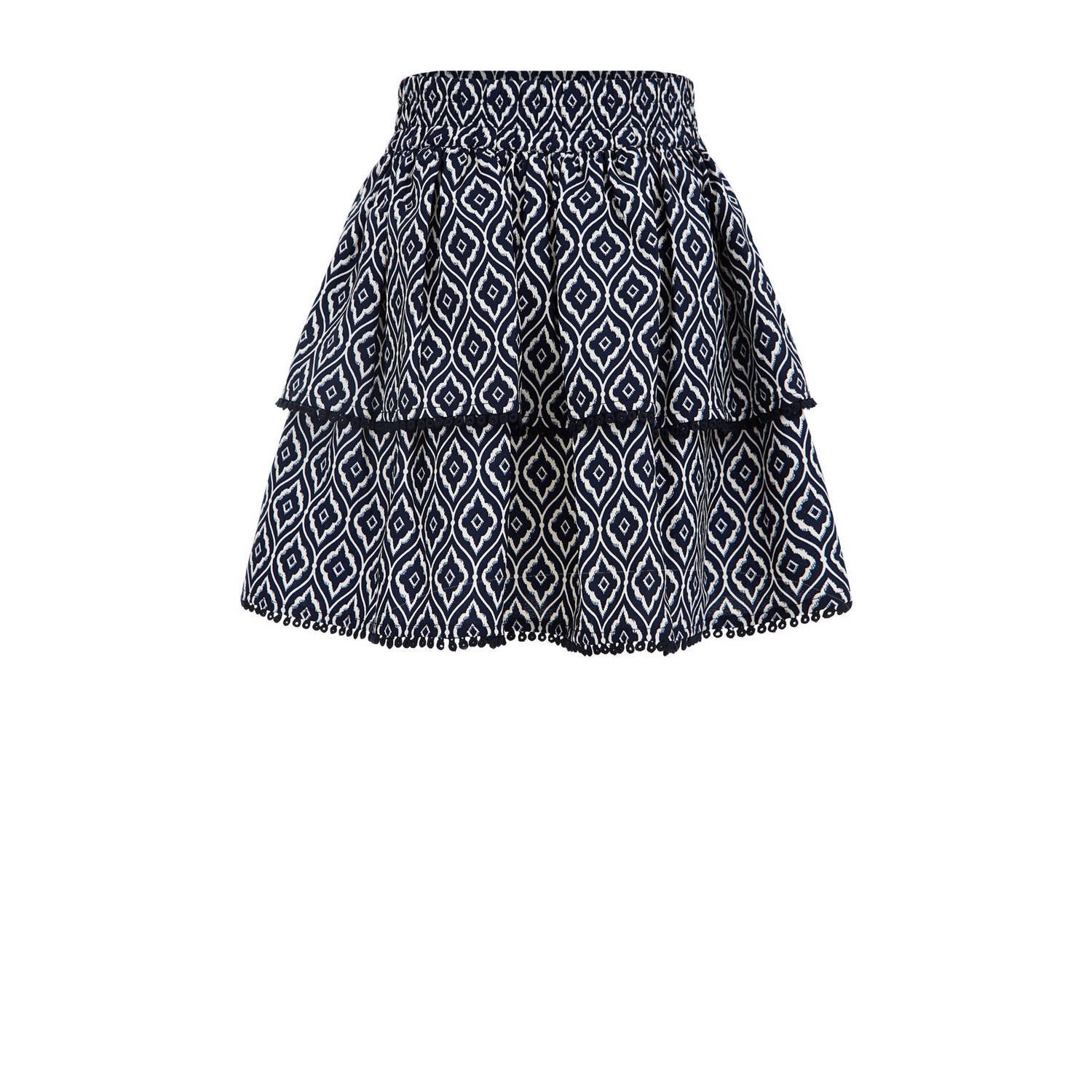 WE Fashion rok met all over print en volant donkerblauw wit
