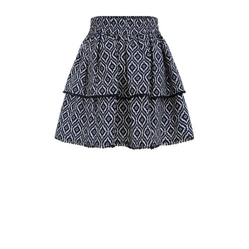 WE Fashion rok met all over print en volant donkerblauw/wit