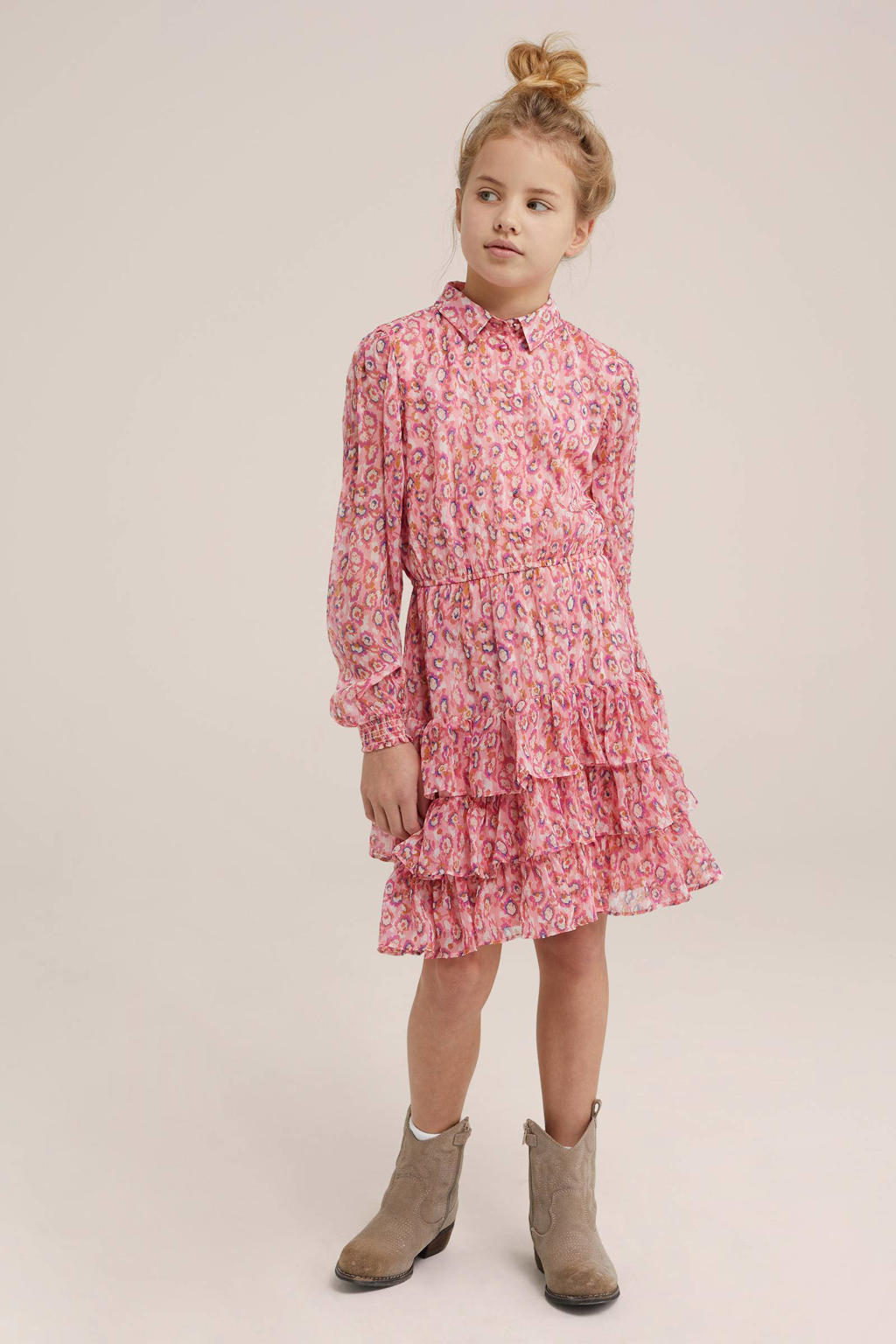 Roze meisjes WE Fashion jurk van polyester met lange mouwen, klassieke kraag en knoopsluiting