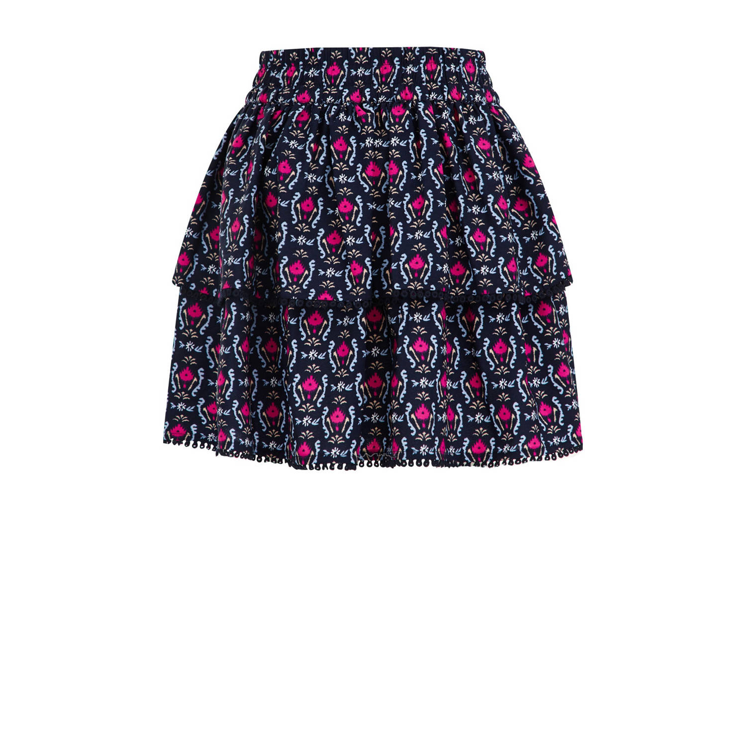 WE Fashion rok met all over print en volant donkerblauw roze lichtblauw