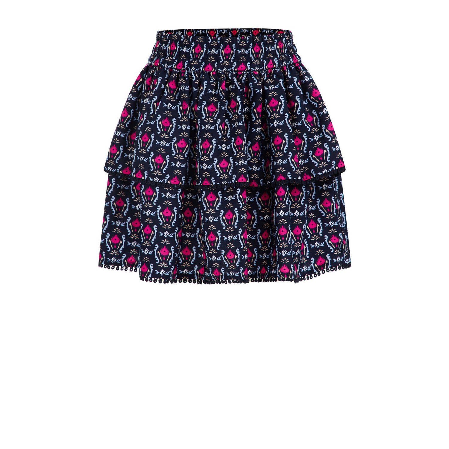 WE Fashion rok met all over print en volant donkerblauw roze lichtblauw Multi Meisjes Gerecycled polyester 92