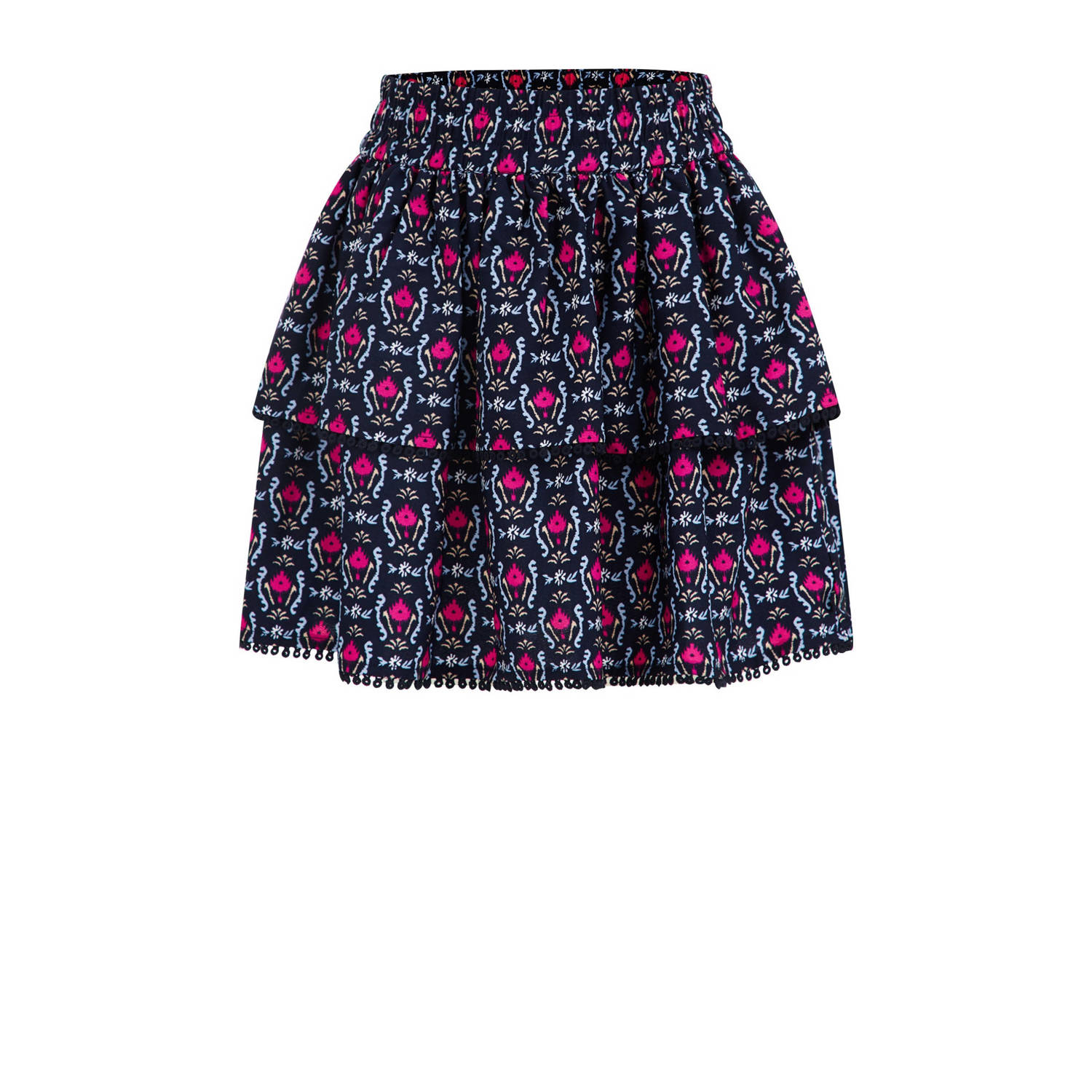 WE Fashion rok met all over print en volant donkerblauw roze lichtblauw