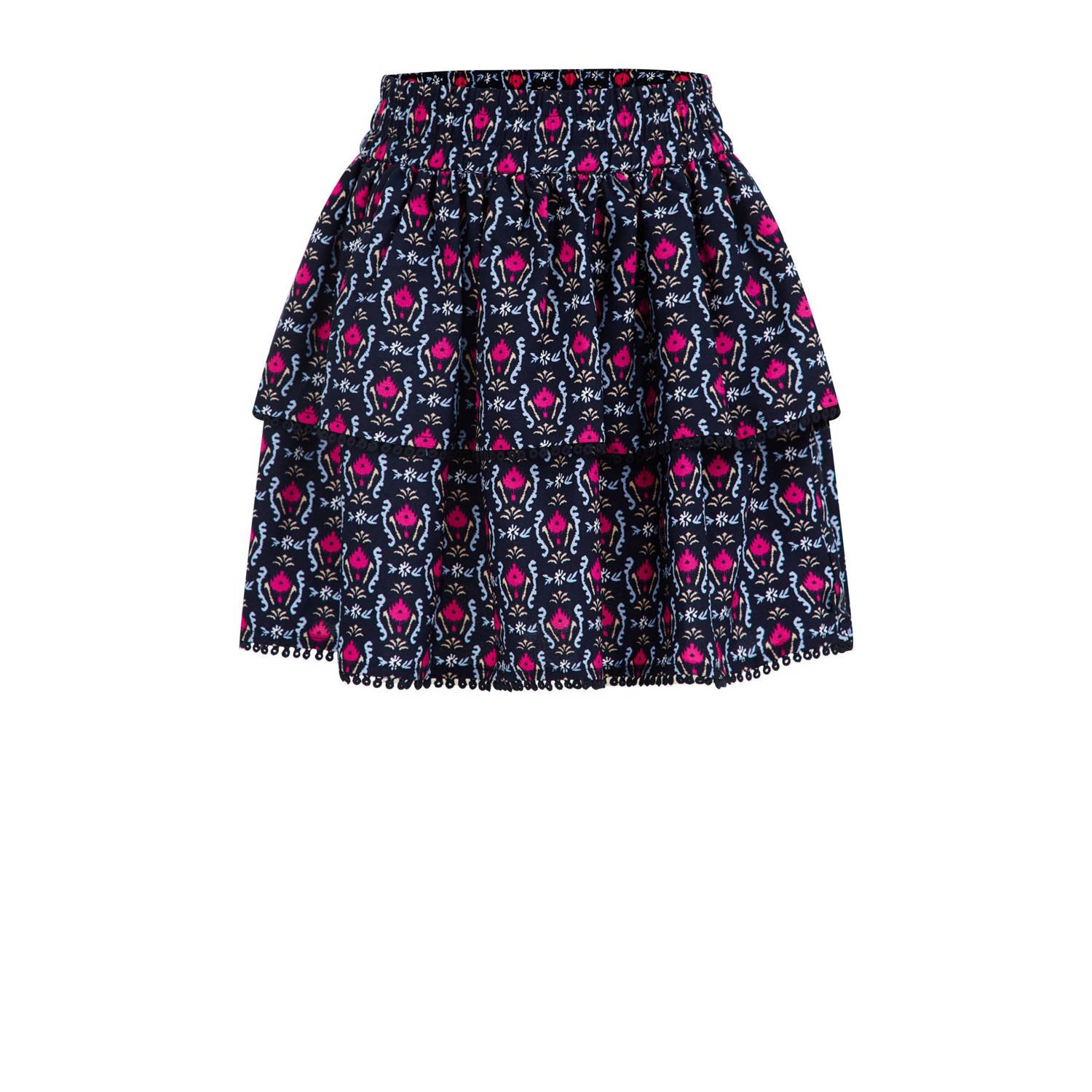 WE Fashion rok met all over print en volant donkerblauw roze lichtblauw Multi Meisjes Gerecycled polyester 110 116