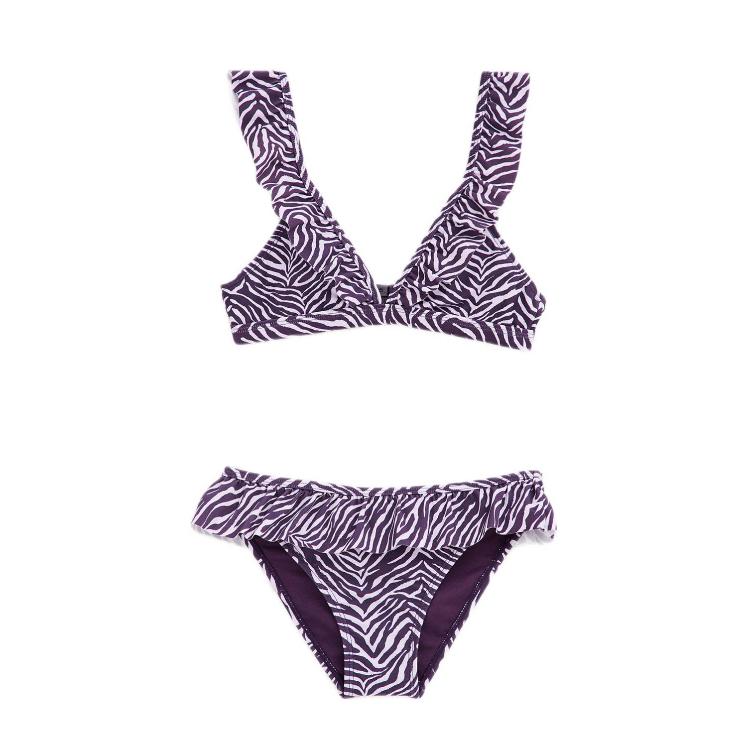 WE Fashion triangel bikini met ruches paars wit Meisjes Polyamide Zebraprint 122 128