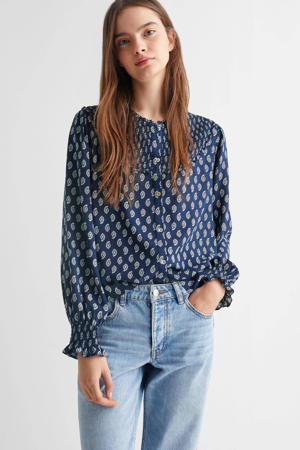 blouse met all over print donkerblauw/wit