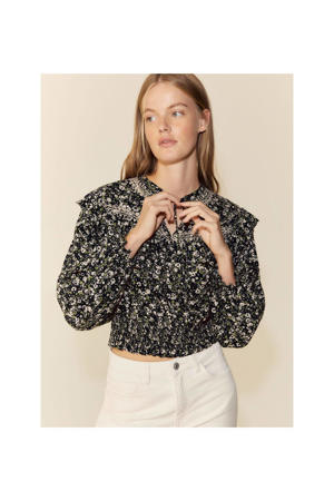 blouse met all over print en ruches zwart/groen/ecru