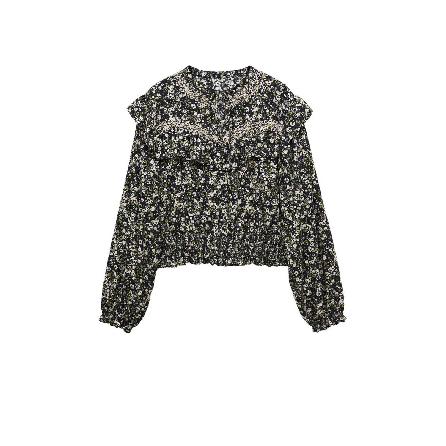 Mango Kids blouse met all over print en ruches zwart groen ecru