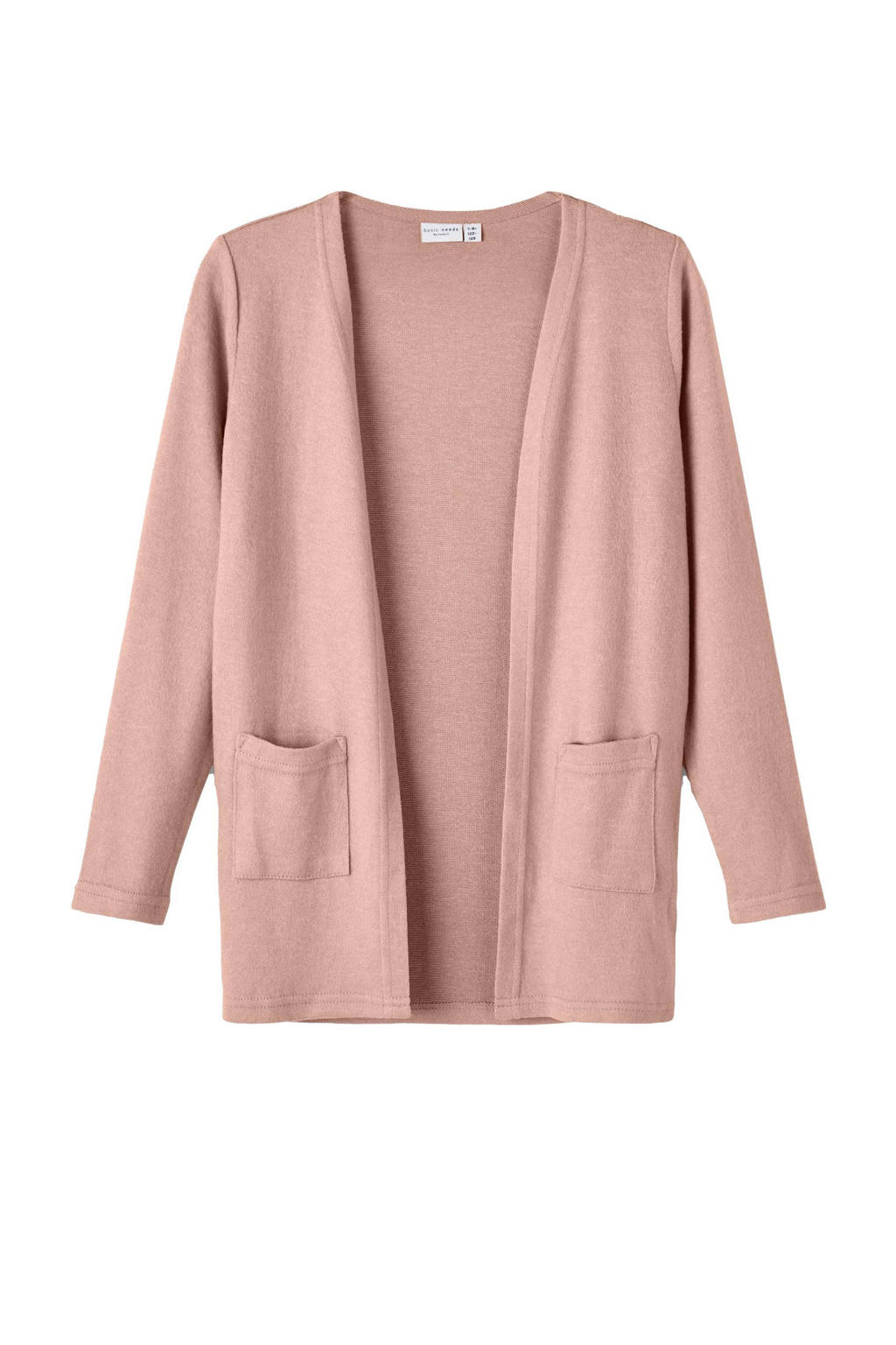 Roze meisjes NAME IT KIDS gebreid vest van viscose met effen, lange mouwen en openvallende hals