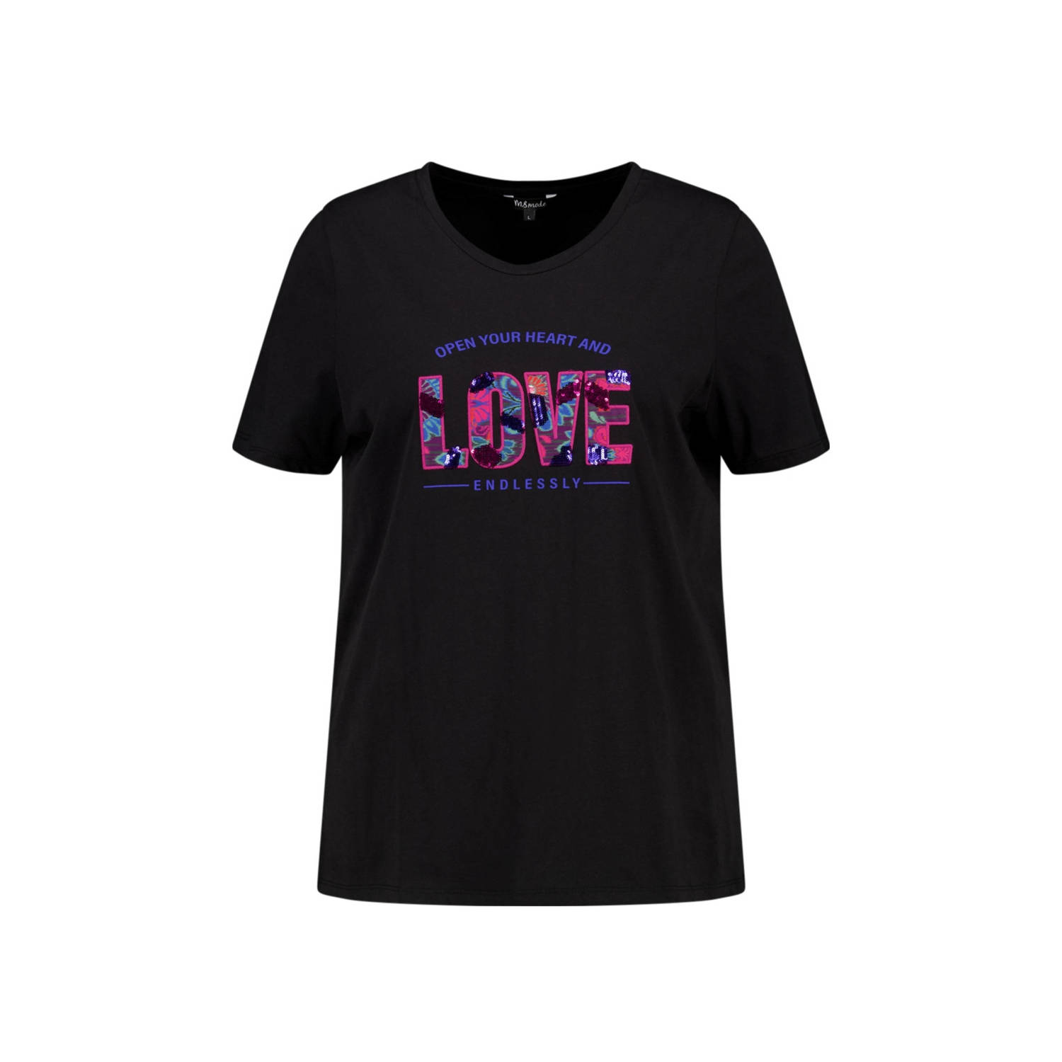 MS Mode T-shirt met tekst en pailletten zwart roze blauw