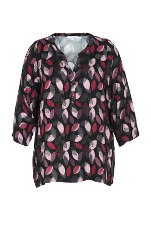 blousetop met all over print zwart/roze