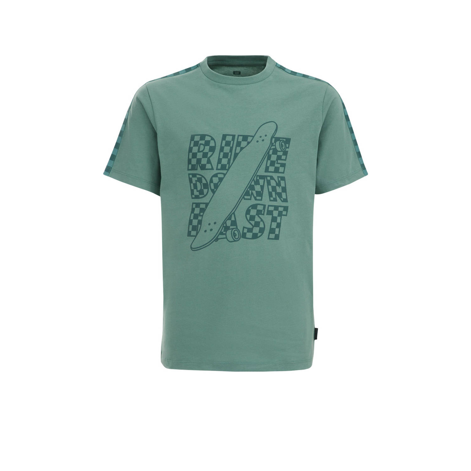 WE Fashion t-shirt groen donkergroen Jongens Katoen Ronde hals Printopdruk 110 116