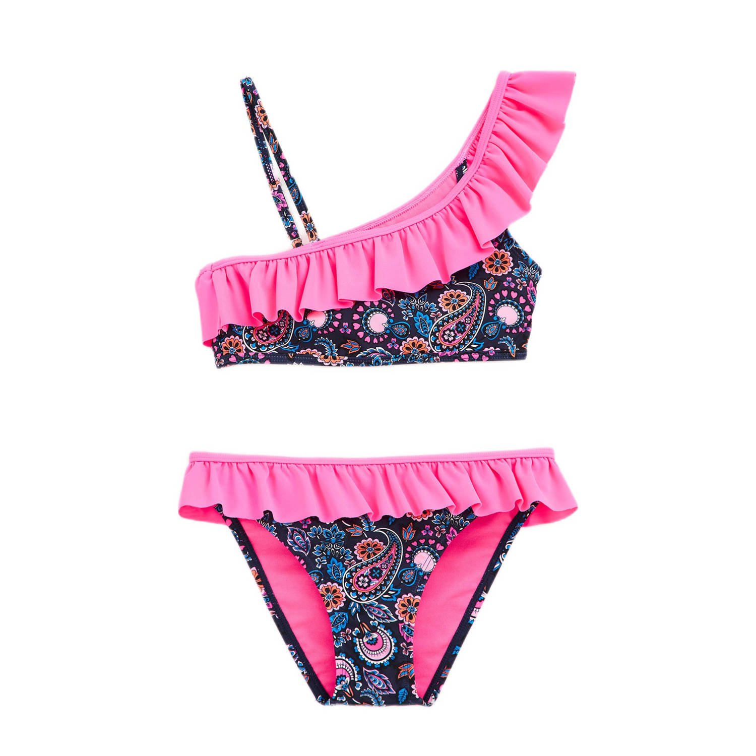 WE Fashion one shoulder bikini met ruches donkerblauw roze Meisjes Gerecycled polyamide 122 128