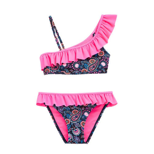 WE Fashion one shoulder bikini met ruches donkerblauw/roze