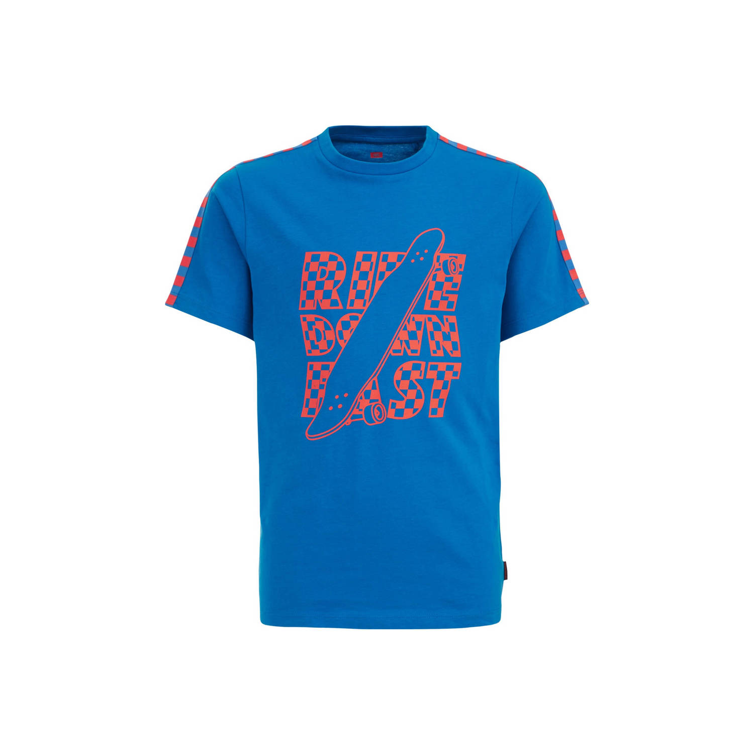 WE Fashion t-shirt blauw oranje Jongens Katoen Ronde hals Printopdruk 122 128