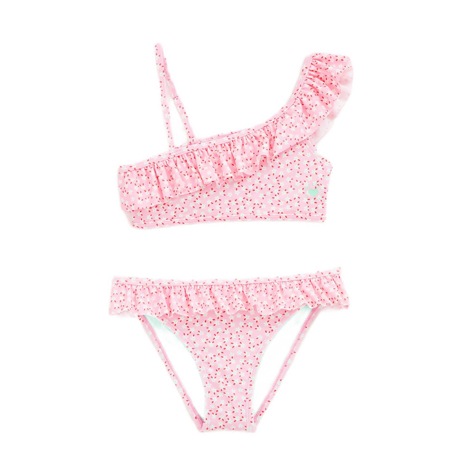 WE Fashion one shoulder bikini met ruches roze wit Meisjes Polyamide Bloemen 110 116