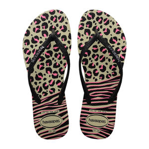 teenslippers met panterprint zwart/roze