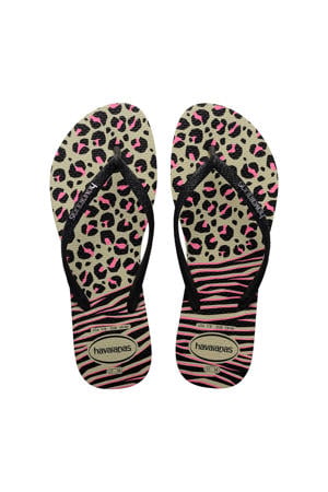 teenslippers met panterprint zwart/roze